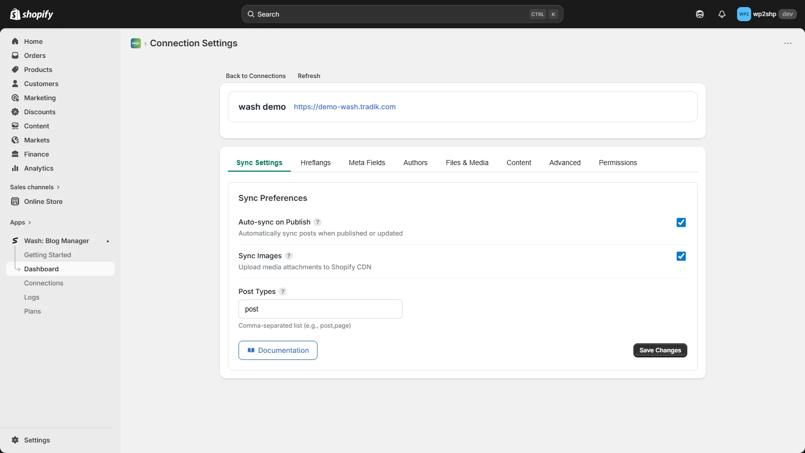 Sync Settings tab in Shopify Connection Settings