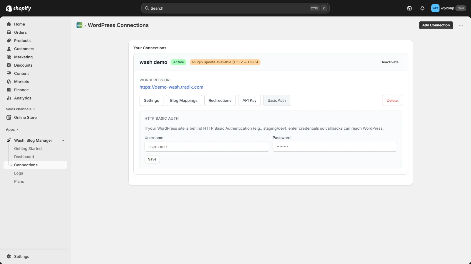 HTTP Basic Auth settings in Shopify