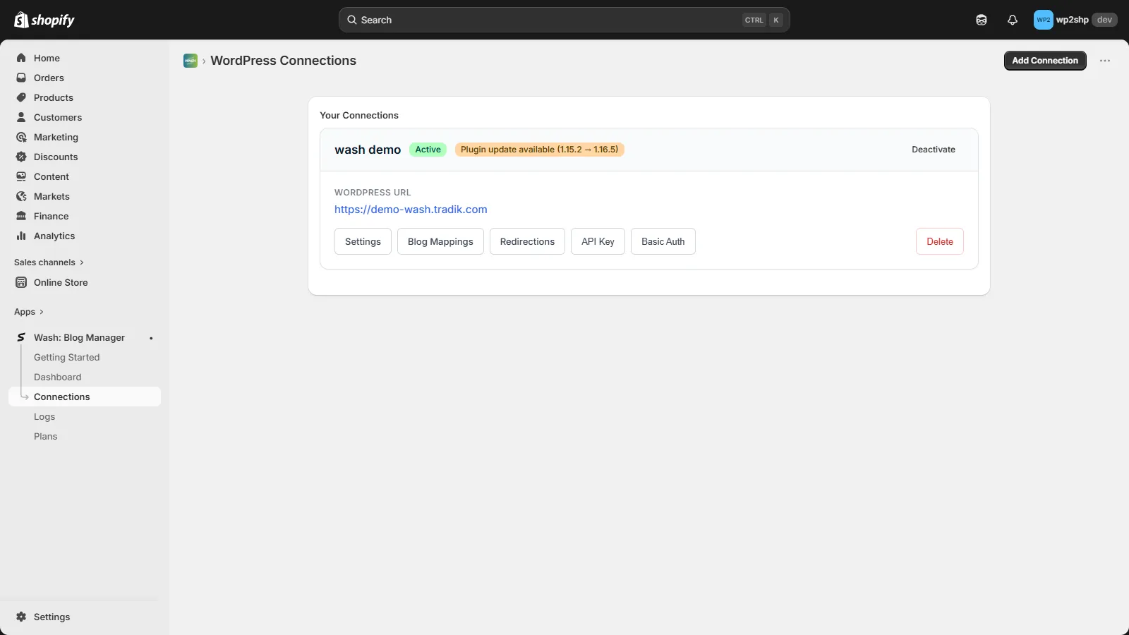 WordPress Connections page in Shopify
