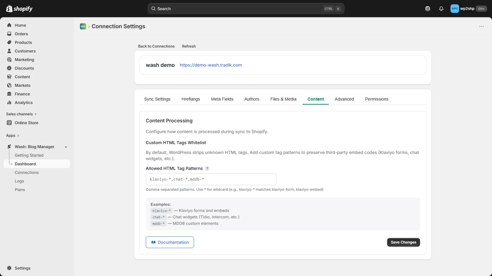 Content Processing settings in Shopify