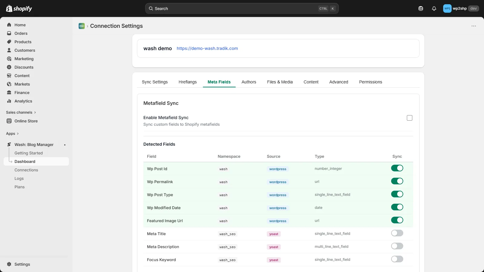 Metafield Sync settings in Shopify