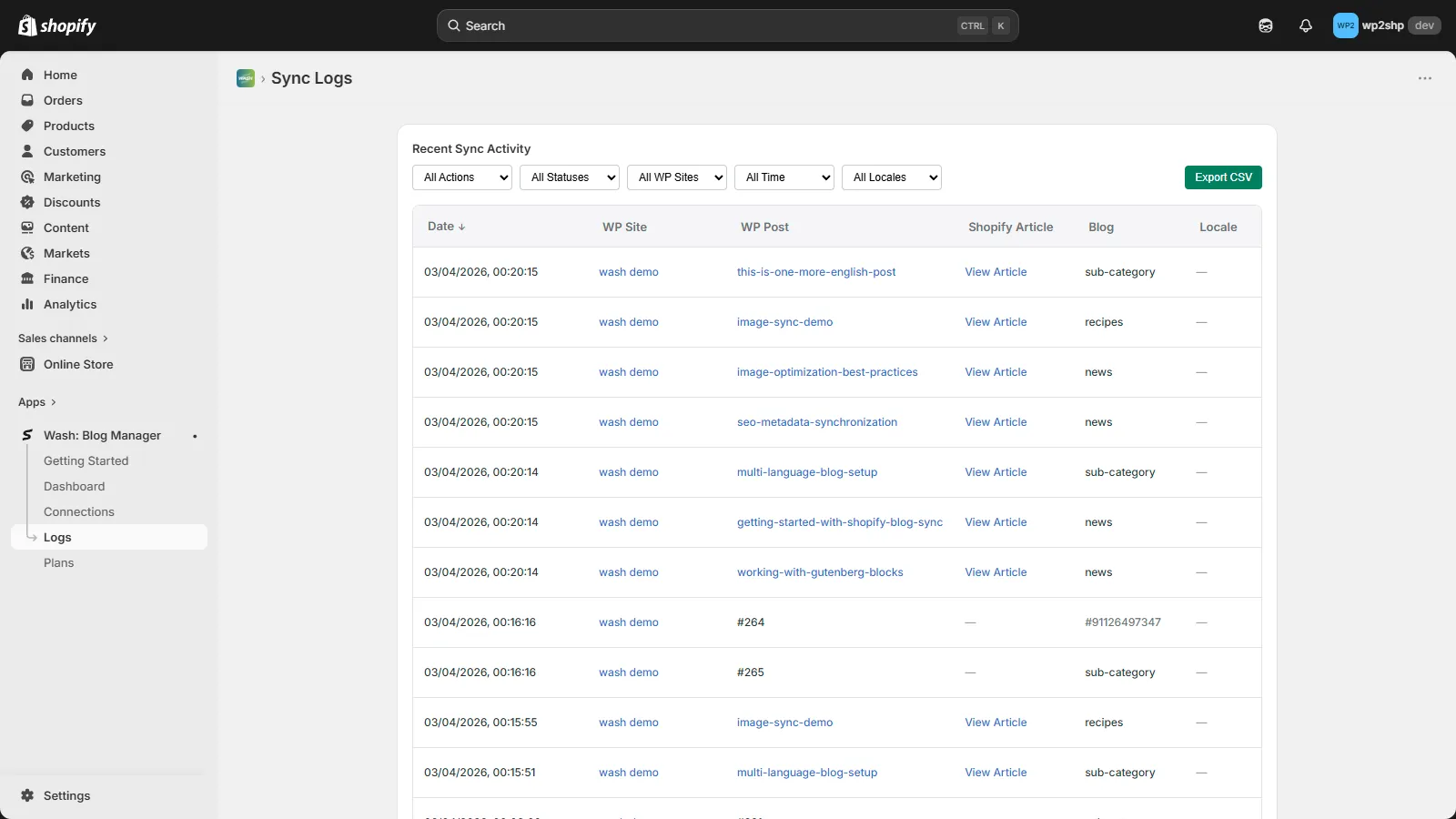 Sync Logs page in Shopify