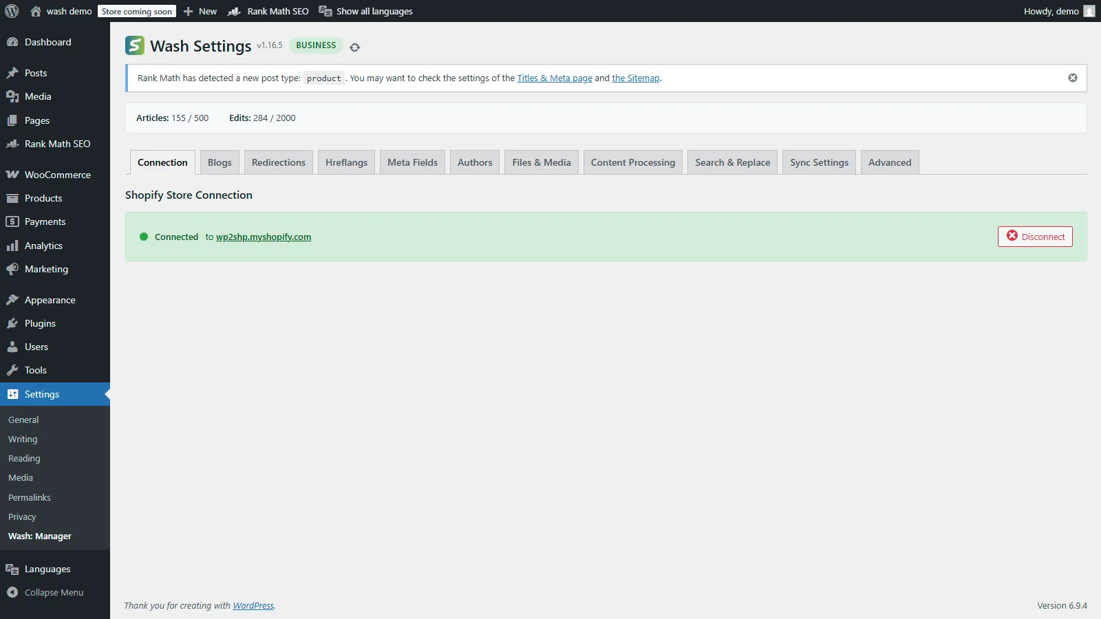 WordPress Wash Settings — Connection tab