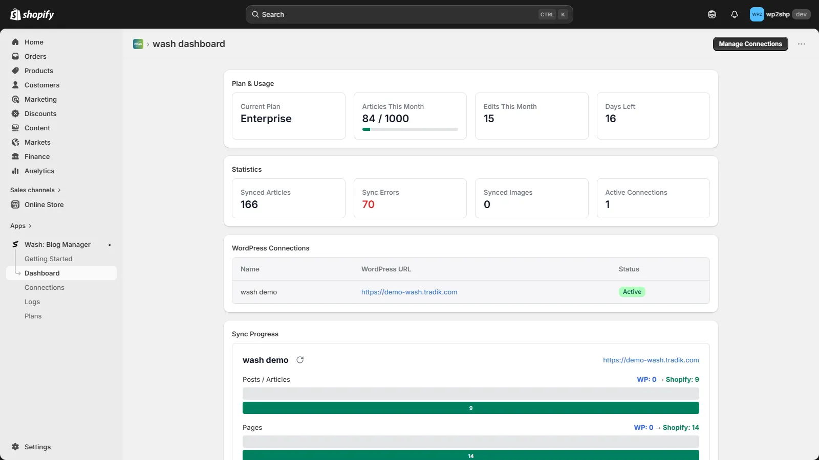 Wash Dashboard in Shopify