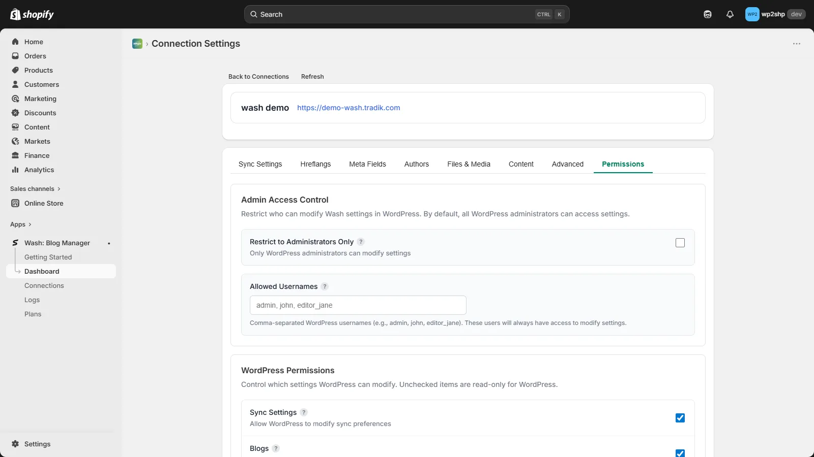 Permissions tab in Shopify Connection Settings