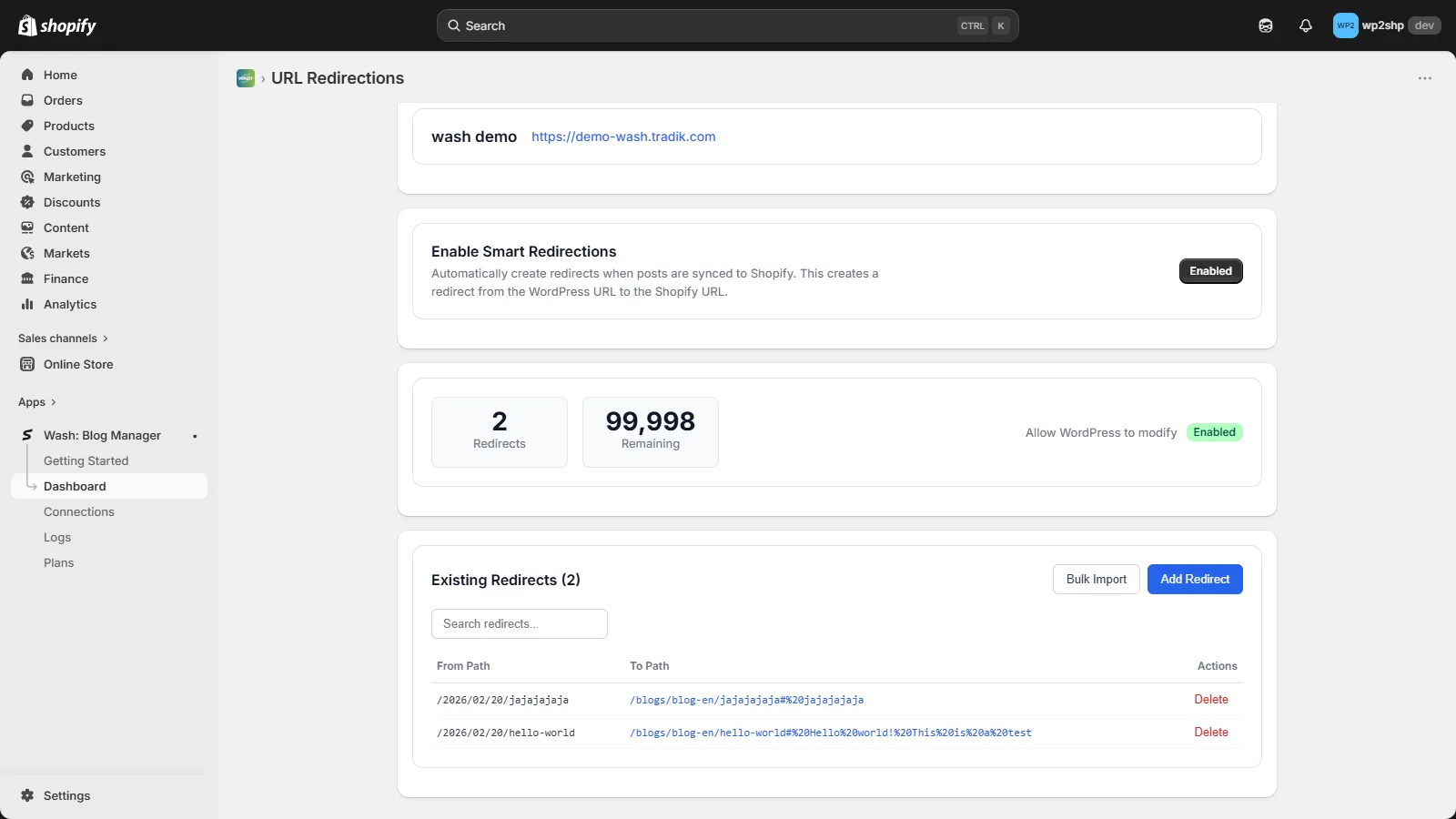 URL Redirections dashboard in Shopify